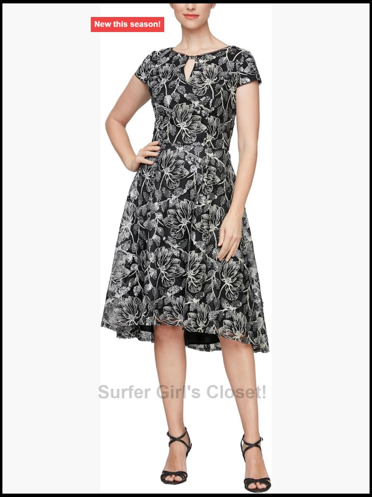Tea Length A-Line Dress With Rosette Detail Cap Sleeves